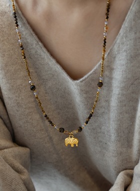 不掉色小象天然石虎眼石长款项链