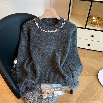 法式红色针织上衣秋冬新款小香风钉珠拼接内搭毛衣打底衫