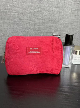 包邮！娇韵诗红色波纹褶皱材质随身便携化妆包收纳袋整理袋包中包