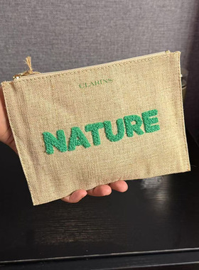 出口尾货 棉麻材质信封款带提手化妆包绿色立体字母随身收纳包袋