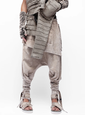 CHAUNK先锋沙丘废土DEMO不对称裙片扎染做旧忍者束腿纯棉哈伦裤潮