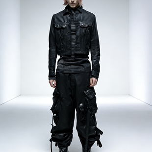 CHAUNK先锋暗黑废土julius风格 黑色牛仔夹克 蜡面纯棉刀割破坏短款