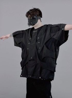 CHAUNK先锋沙丘废土小众COS解构镂空层次廓形宽松圆领短袖T恤男潮