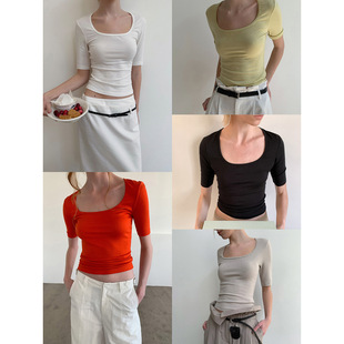 DT 春季新品莱赛尔羊毛混纺2026方领上衣女打底衫可外穿短袖T恤