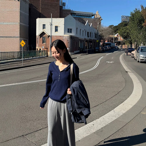 秋冬新 遮肉落肩亨利领针织衫女藏青色宽松不挑人长袖上衣 11658