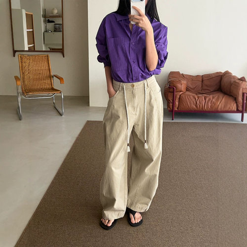时AG  卡其色抽绳阔腿裤女秋高腰显瘦休闲工装直筒长裤 91835