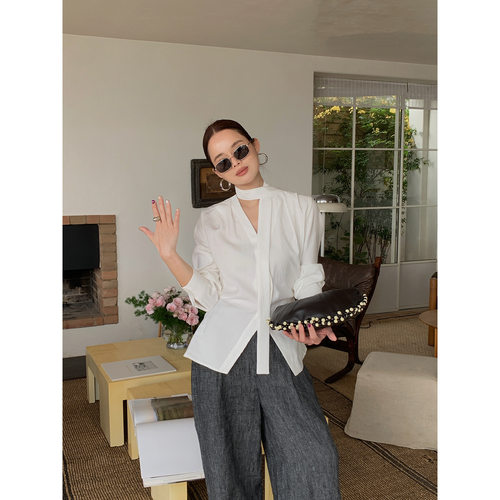 NEW 2026夏日焕新 法式轻奢气质天丝长袖开叉飘带V领衬衫 C8030