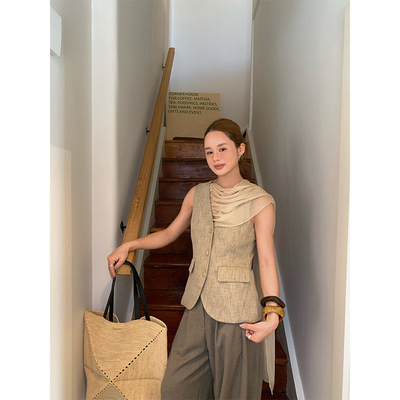 NEW 2026春季新品 法式轻奢高级感名媛苎麻飘带无袖马甲C8562