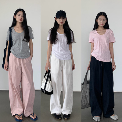 NT 抽绳休闲裤女2026夏季 薄款慵懒风松紧腰显瘦简约宽松阔腿长裤