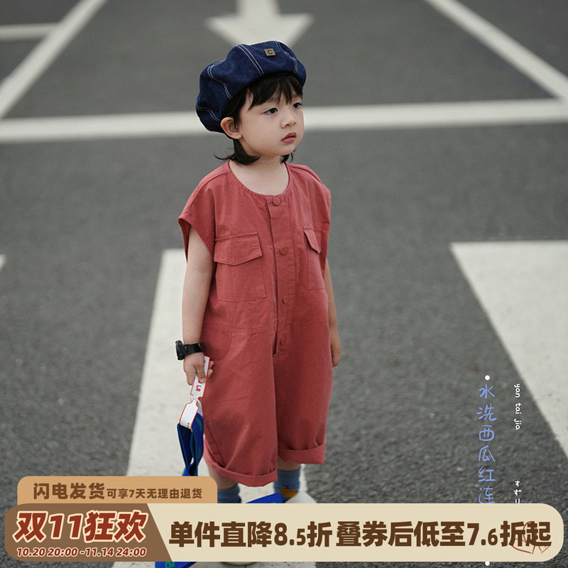 砚台家童装儿童无袖连体短裤男女童背带裤宝宝后背字母夏季西红色