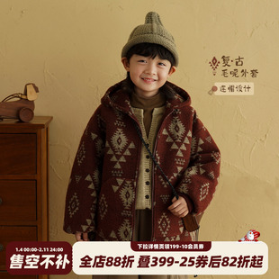 砚台家童装男童复古红色毛呢外套2025冬季新款儿童连帽加厚上衣潮