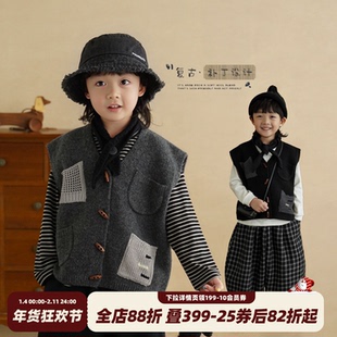 砚台家男童复古毛衣马甲春秋新款儿童无袖上衣中大童V领针织开衫