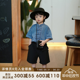 男童牛仔衬衫 砚台家中国风国潮中式 儿童炸街短袖 立领衬衣宝宝夏季