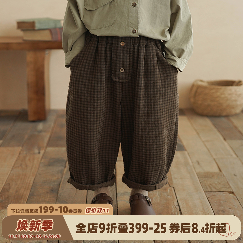 砚台家韩版儿童格子萝卜休闲裤秋款童装男童裤子男宝宝咖色长裤子