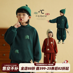 砚台家男童加绒套装童装衣服儿童卫衣卫裤两件套宝宝冬装拜年衣服