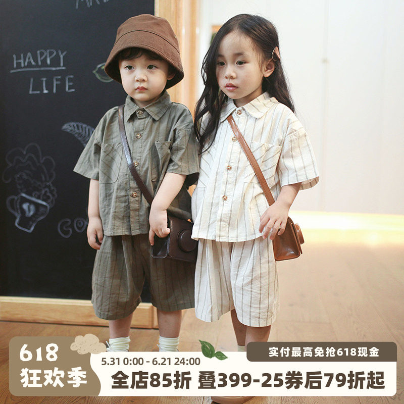 砚台家童装日韩系儿童条纹衬衫男女童棉麻衬衣短袖幼童上衣夏季潮