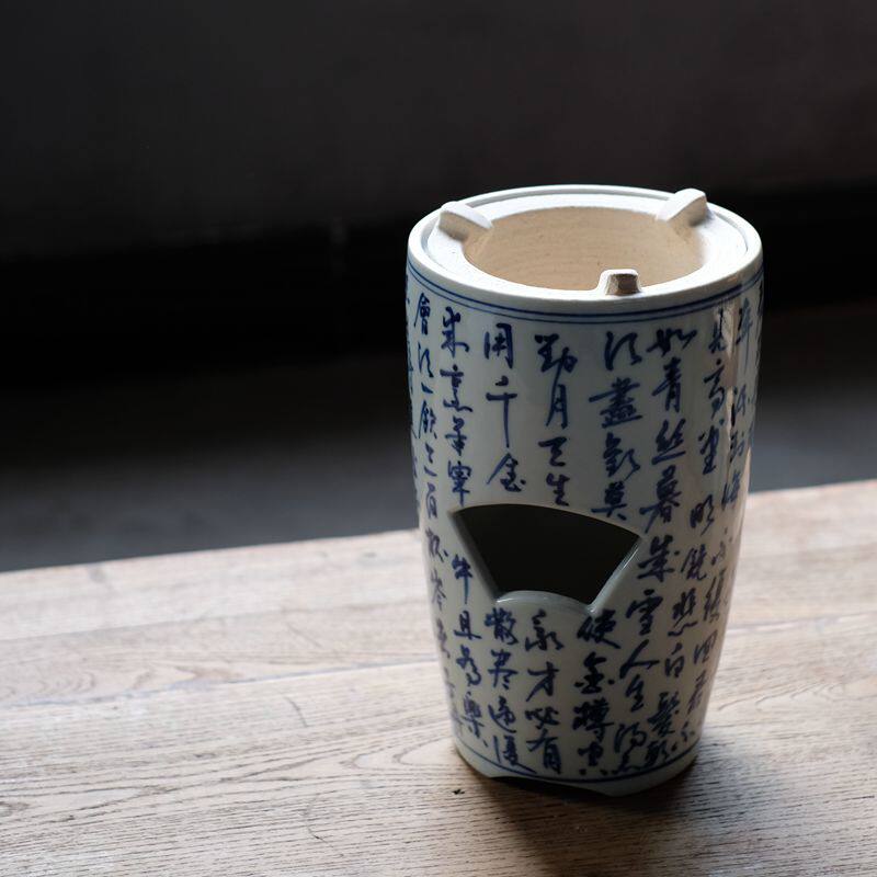 竹矣 | 手绘青花碳炉诗文松枝瓷碳炉凉炉将进酒长松图文人茶器风