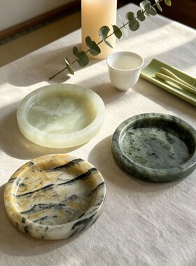 亚马逊天然大理石圆形小托盘浴室香皂戒指置物盘精油香薰收纳托盘