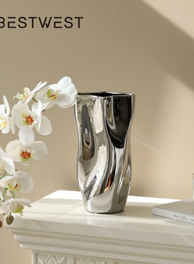 博西家居 创意电镀银色陶瓷花瓶摆件 家居客厅餐桌轻奢软装花器