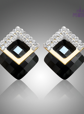 韩版时尚百搭黑色防敏大耳钉耳扣气质菱形奢华无耳洞耳夹双款