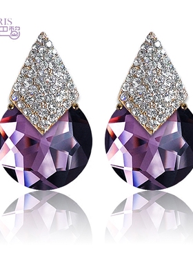 小资轻奢夸张紫色大气防敏耳环高端奢华超闪亮蓝水晶耳夹宴会耳钉