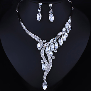 韩式新娘夸张配饰红色水晶宝石水钻项链耳夹两件套装宴会舞台饰品