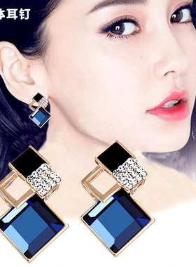韩版流行多菱形立体几何形酒红色银针耳钉蓝宝石耳夹灰色百搭耳环