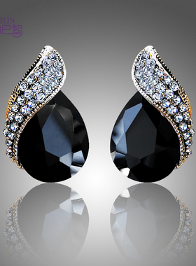 欧美时尚黑色百搭宝石大耳钉红色水晶复古无耳洞耳夹防敏耳环