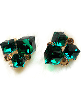 日韩立体方块绿色水晶魔方耳钉别致红水晶耳夹时尚夸张防敏大耳环