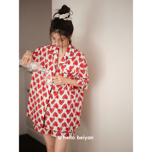 套装 贝妍凉感睡衣女夏季 开衫 纯棉短袖 新婚喜庆甜美少女家居服 短裤