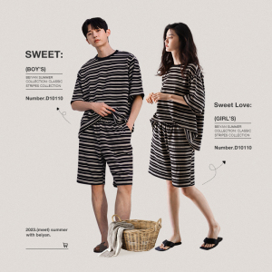 贝妍情侣睡衣女夏季薄款纯棉短袖大码家居服时尚条纹可外穿男套装