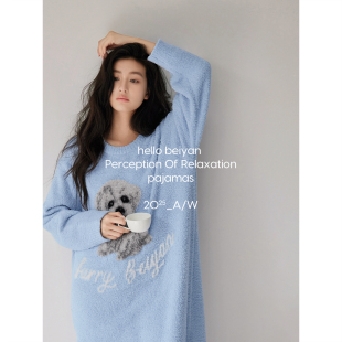 贝妍睡衣女款冬季保暖半边绒长袖睡裙甜美可爱少女宽松大码连衣裙