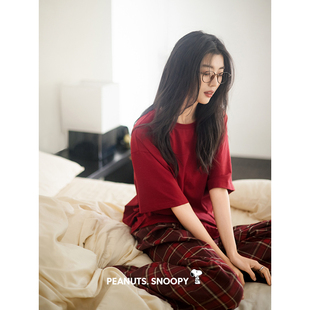 套装 长裤 可爱史努比新年红少女家居服 睡衣女凉感纯棉短袖 贝妍夏季