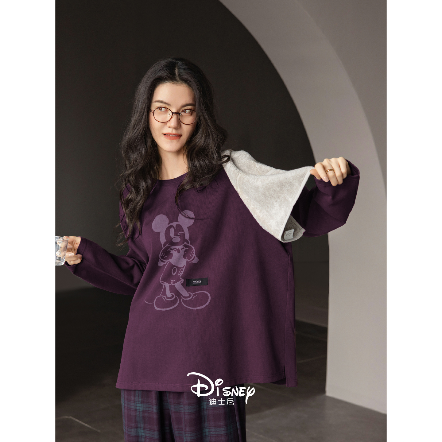 迪士尼女秋柔软棉长袖格子裤套装