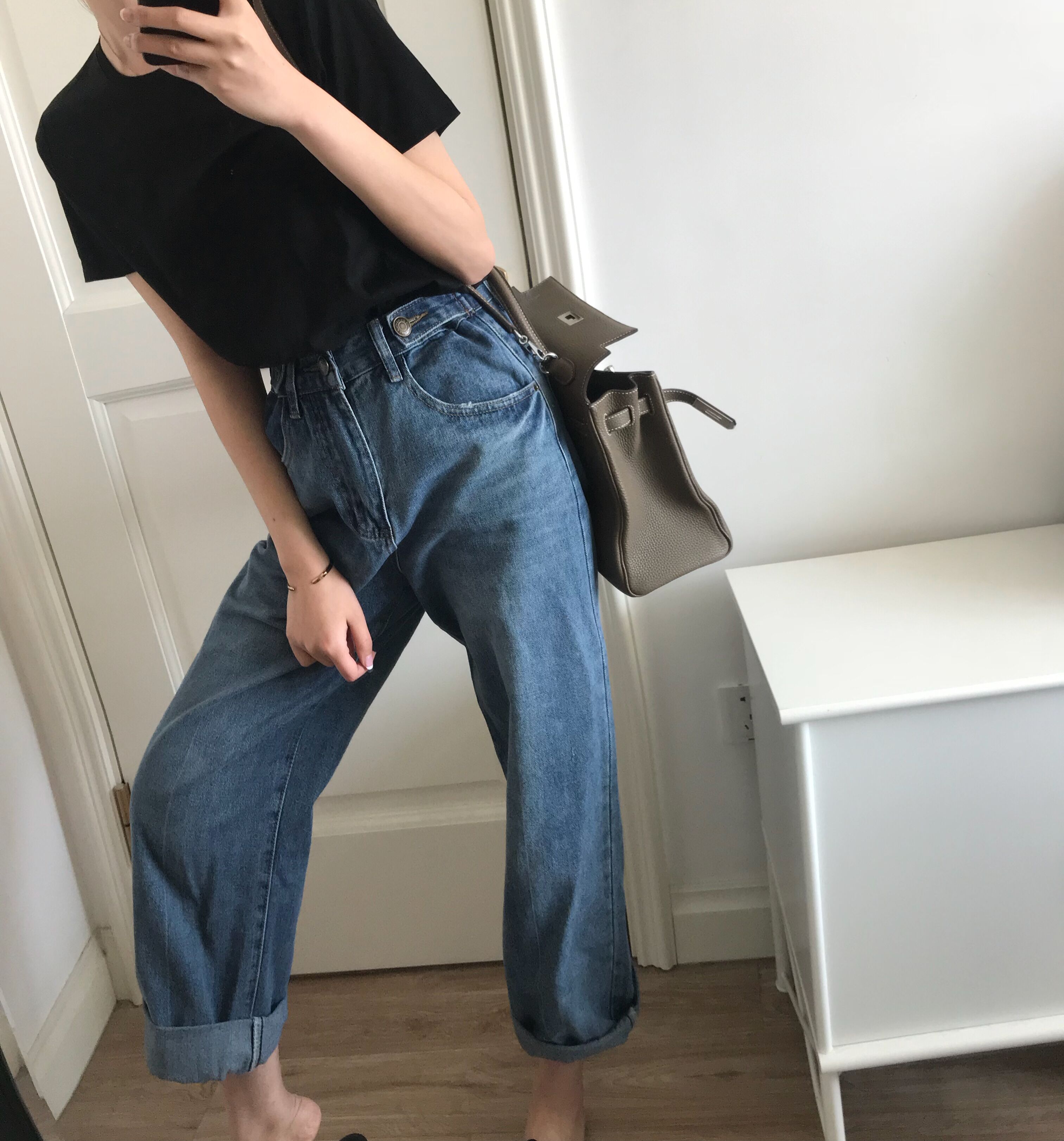 YUYEE_宽松牛仔裤女薄2018新款学生BF风显瘦扣子调节高腰萝卜裤夏