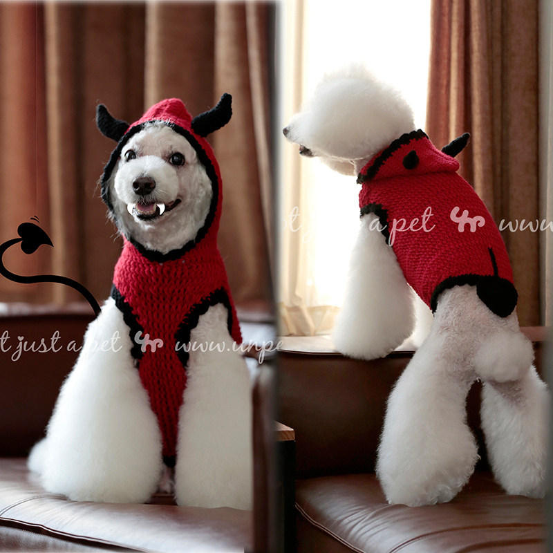 宝眷新款 春季保暖手工编泰迪比熊宠物毛衣恶魔装猫狗帽衫变身装