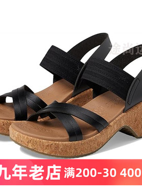 Skechers斯凯奇女夏黑色厚底坡跟增高森质方跟露趾超轻凉鞋6厘米