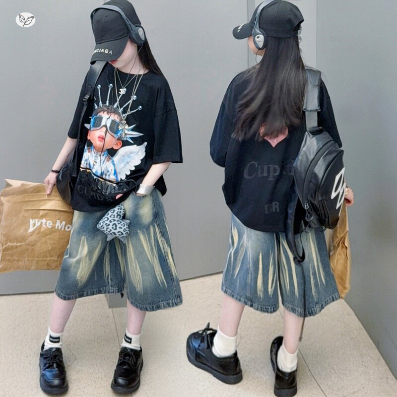 女童年夏季新款潮酷T恤牛仔中裤套装女孩休闲显瘦大裤腿五分裤潮