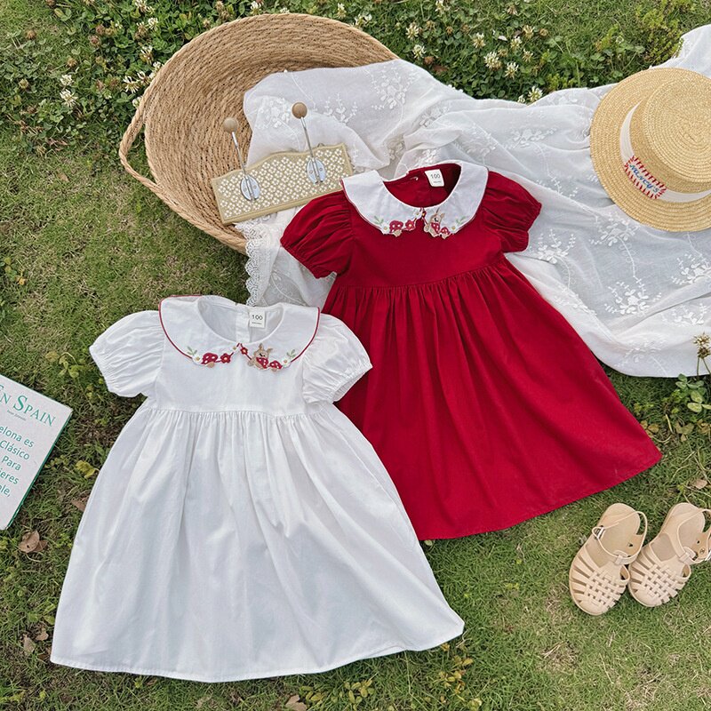 2026夏款卡通草莓绣花娃娃领女童连衣裙甜美儿童公主裙短袖宝宝裙