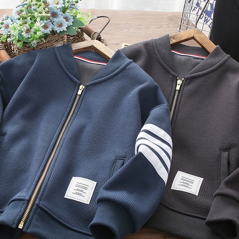 男童华夫格棒球服外套加绒2025儿童冬款休闲中大童上衣加厚保暖