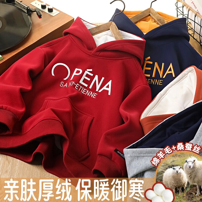 青少年加绒卫衣秋冬季新款韩版连帽上衣男童女童中大童外穿运动衫