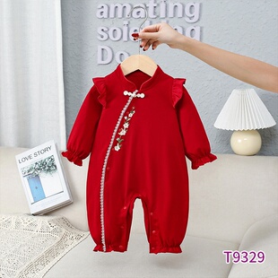 婴儿春季新款童装婴儿连体衣女宝爬服春秋款新生儿满月周岁外出服