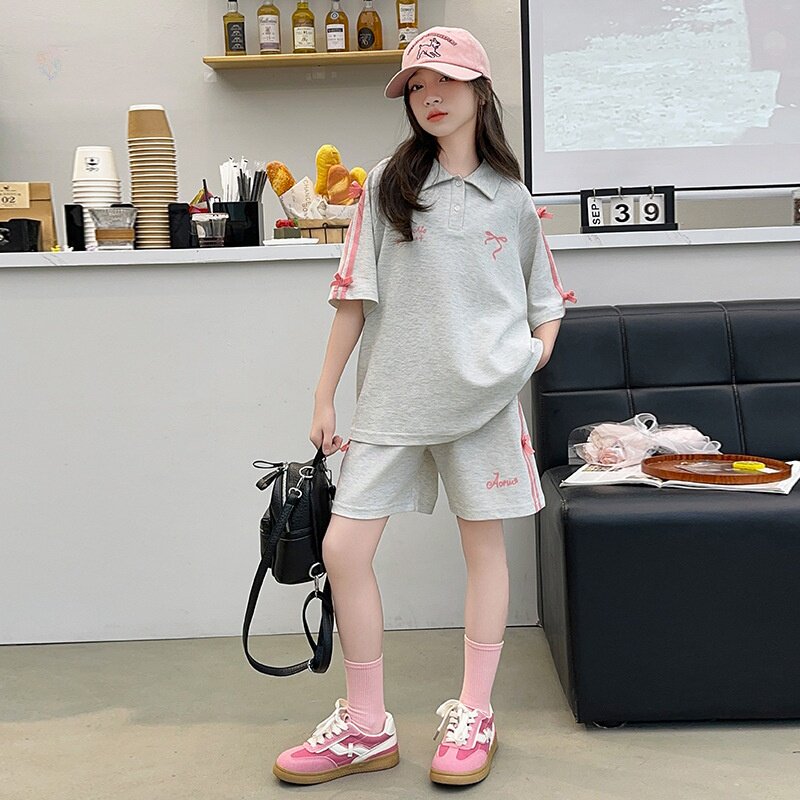 女童休闲运动套装2026夏季新款儿童蝴蝶结短袖T恤上衣短裤两件套