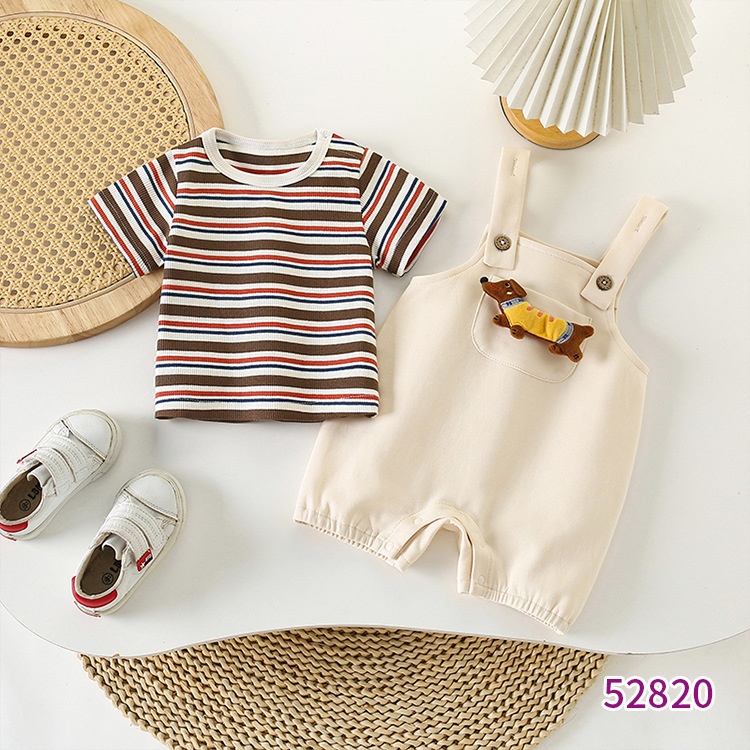 婴儿套装夏季新款卡通萌宠玩偶背带裤条纹上衣短袖两件套小童休闲
