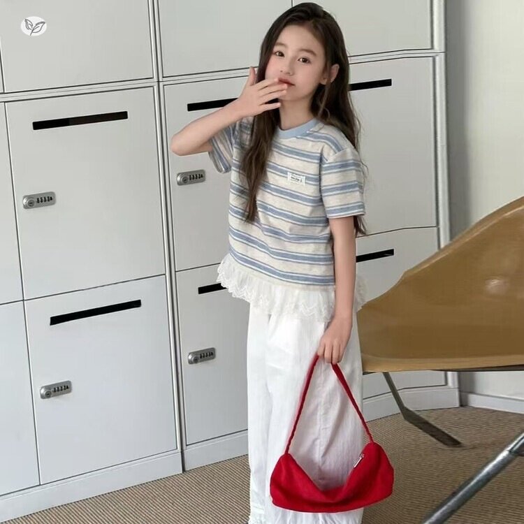 女童夏装韩范2026夏季新款中大童蕾丝花边条纹短袖T恤直筒阔腿裤