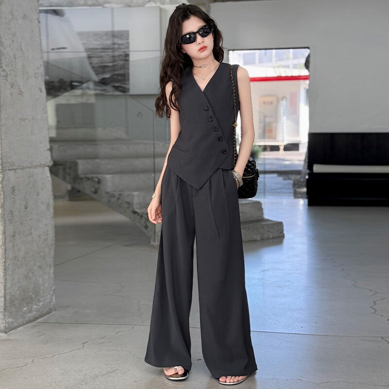 女童西装马甲背心阔腿裤套装2025夏季新款无袖冰感凉凉裤子两件套