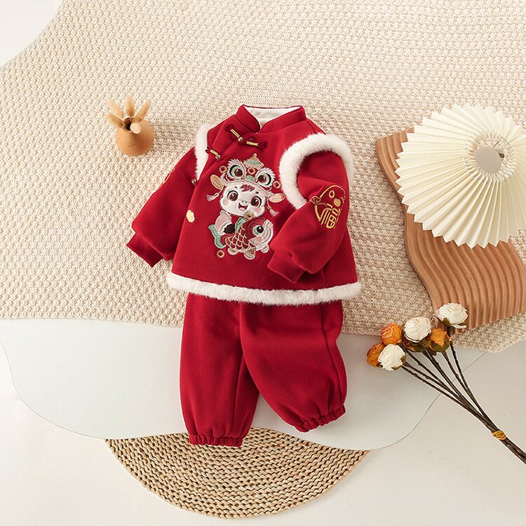 秋冬新款童装女童加绒套装  儿童中式冬季保暖周岁生日礼服拜年服