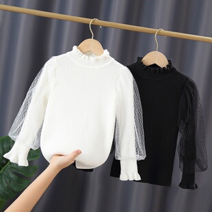 女童毛衣打底衫春秋新款儿童秋冬长袖加绒内搭泡泡袖宝宝洋气上衣