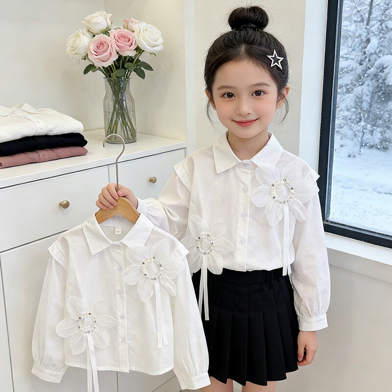 宝宝纯棉衬衣女童长袖衬衫春秋薄款洋气时髦儿童女翻领纯白色上衣