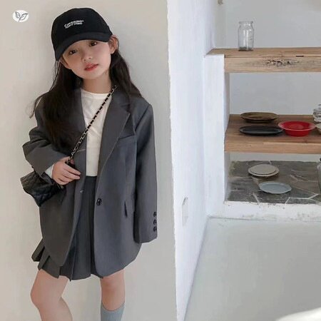 女童西服套装2026春季新款中大童韩系西装外套百褶裙裤两件套学院